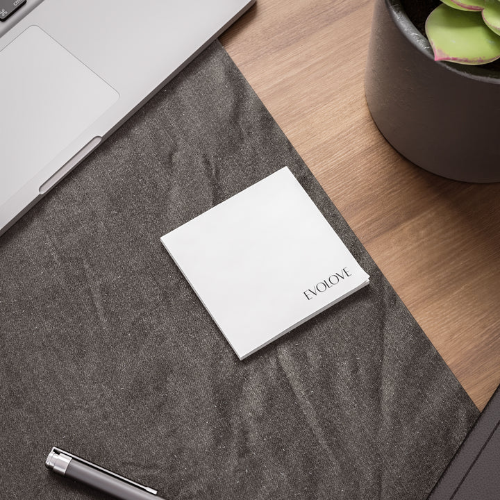 Evolove Branded Sticky Note Pad — Minimal White Post-It with 'EVOLOVE' Corner Logo