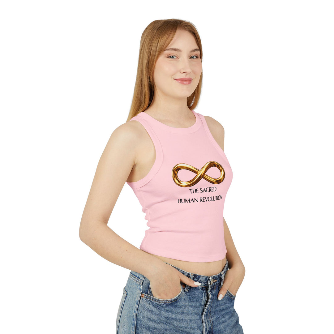 Women's Racer Tank — Gold Infinity "The Sacred Human Revolution" Graphic