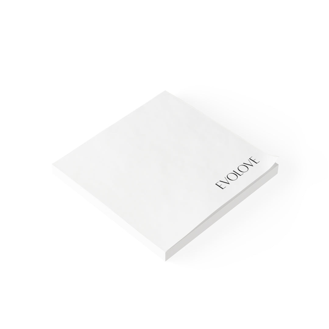 Evolove Branded Sticky Note Pad — Minimal White Post-It with 'EVOLOVE' Corner Logo