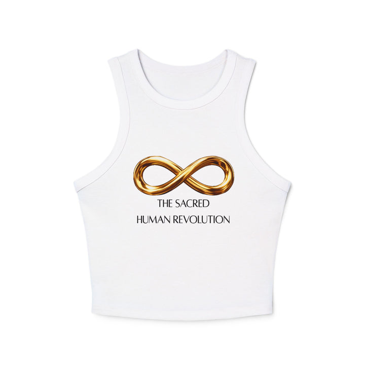 Women's Racer Tank — Gold Infinity "The Sacred Human Revolution" Graphic