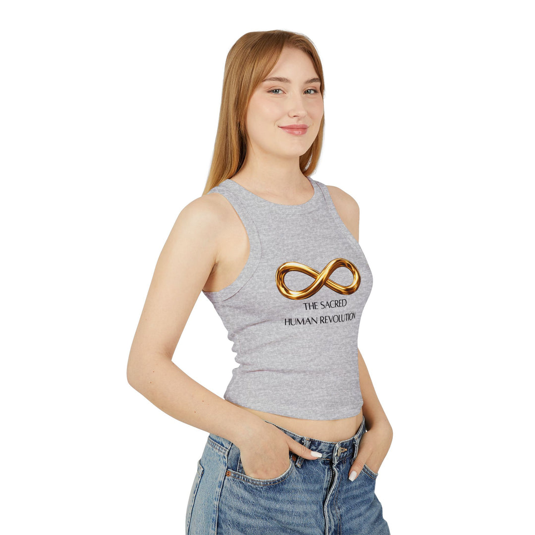 Women's Racer Tank — Gold Infinity "The Sacred Human Revolution" Graphic